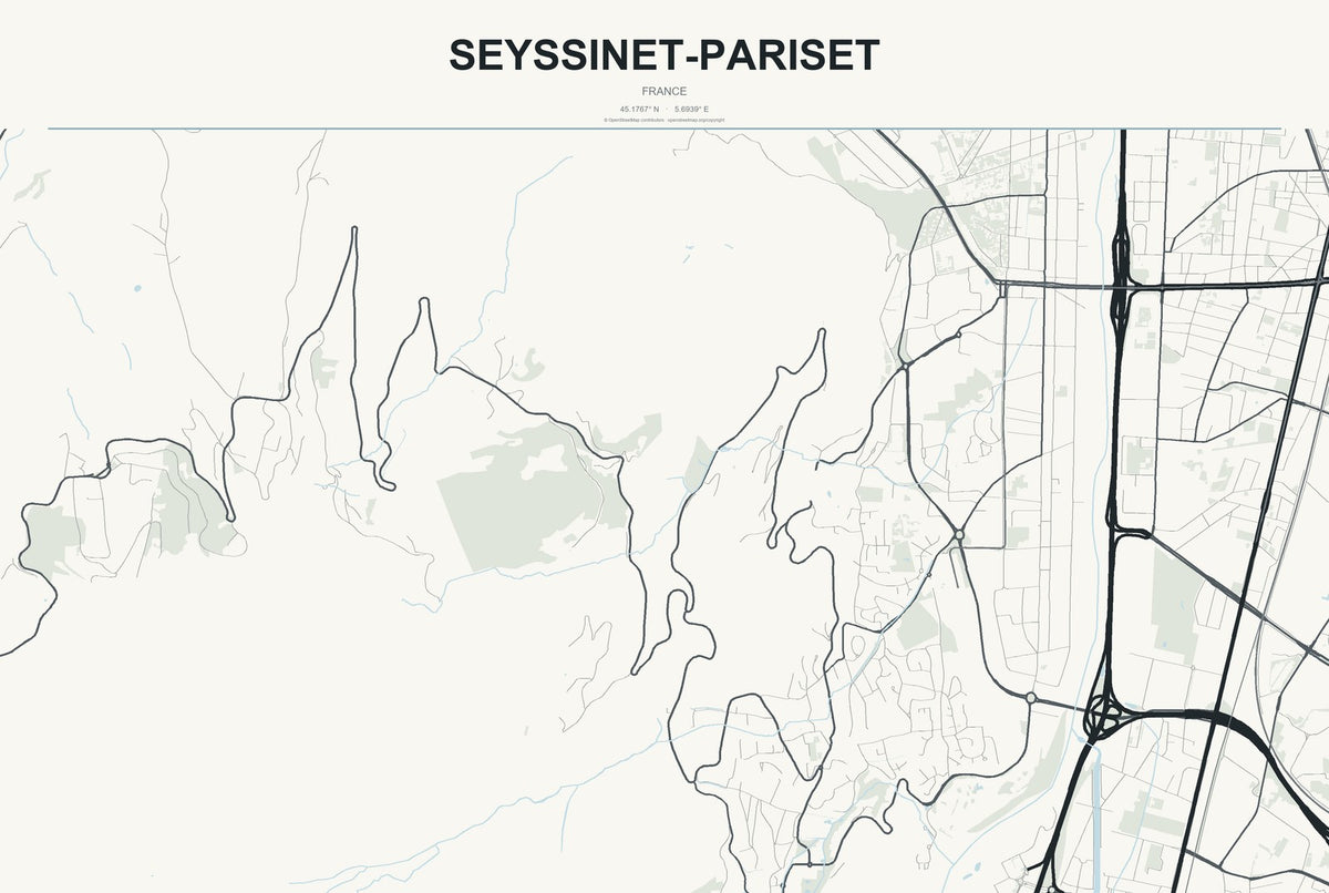 Seyssinet-Pariset, France City Map Aluminum Sign in Headline Atlas style