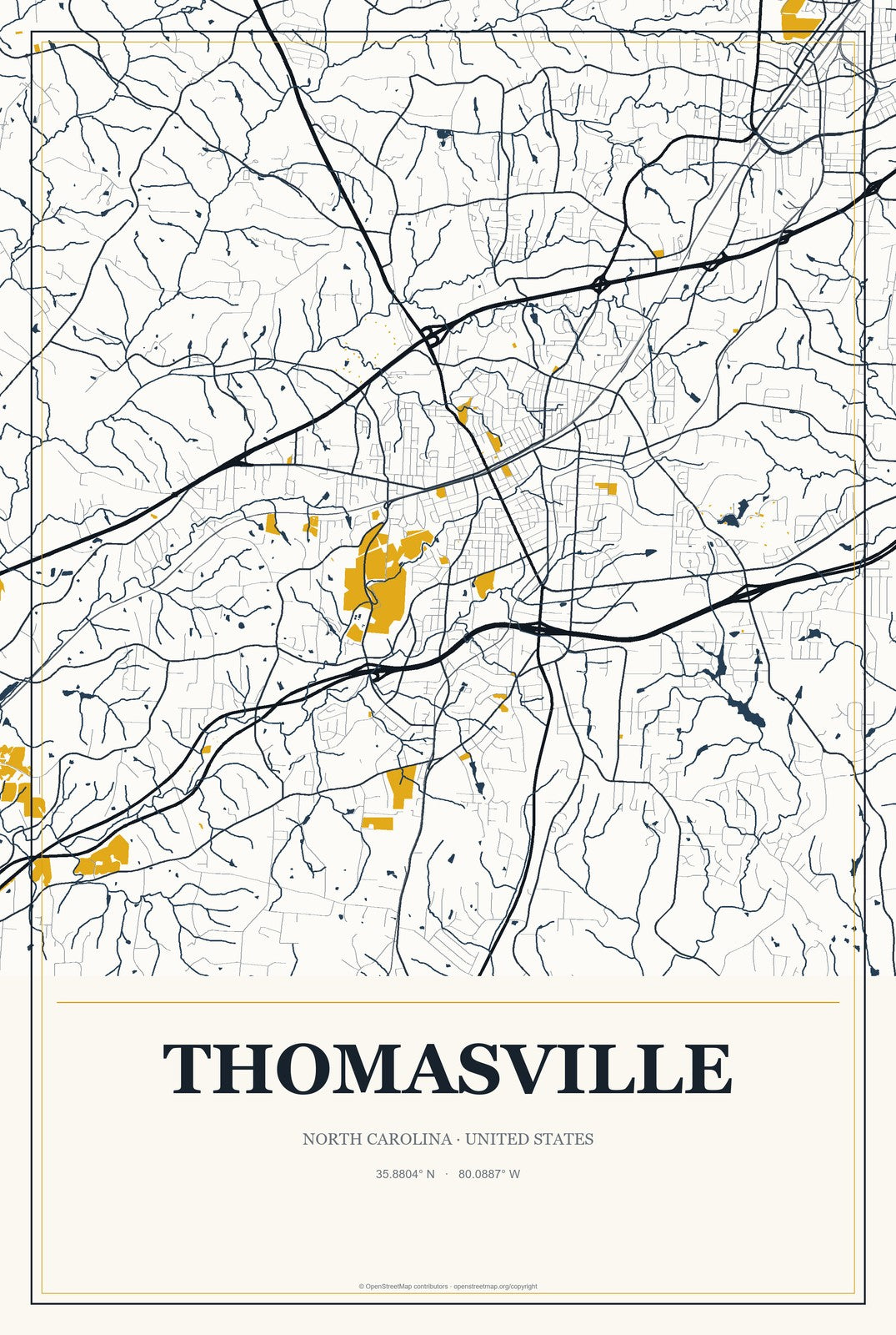 Thomasville, North Carolina City Map Aluminum Sign in Citrine Modern style
