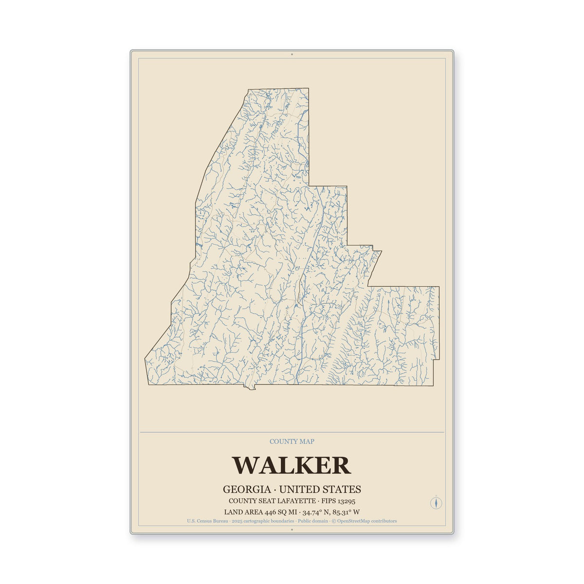Walker County, Georgia Map Aluminum Sign in Heritage Nautical style