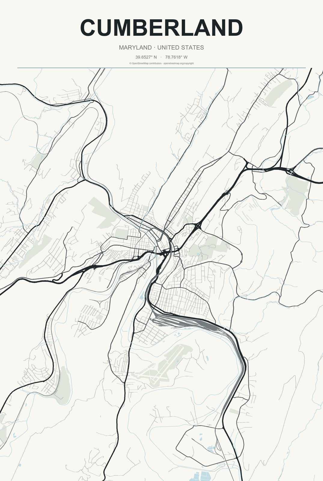 Cumberland, Maryland City Map Aluminum Sign in Headline Atlas style