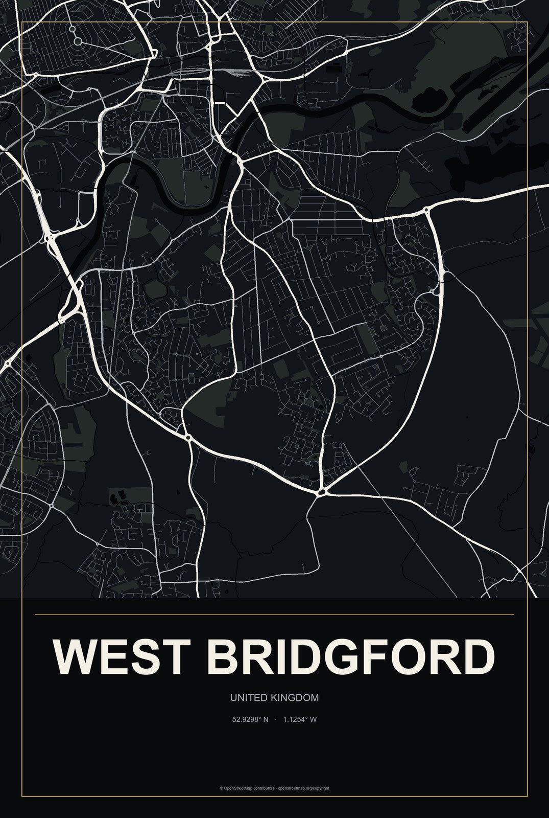 West Bridgford, United Kingdom City Map Aluminum Sign in Metropolitan Noir style