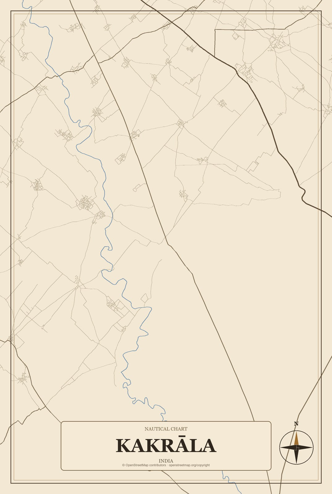 Kakrāla, India City Map Aluminum Sign in Heritage Nautical style