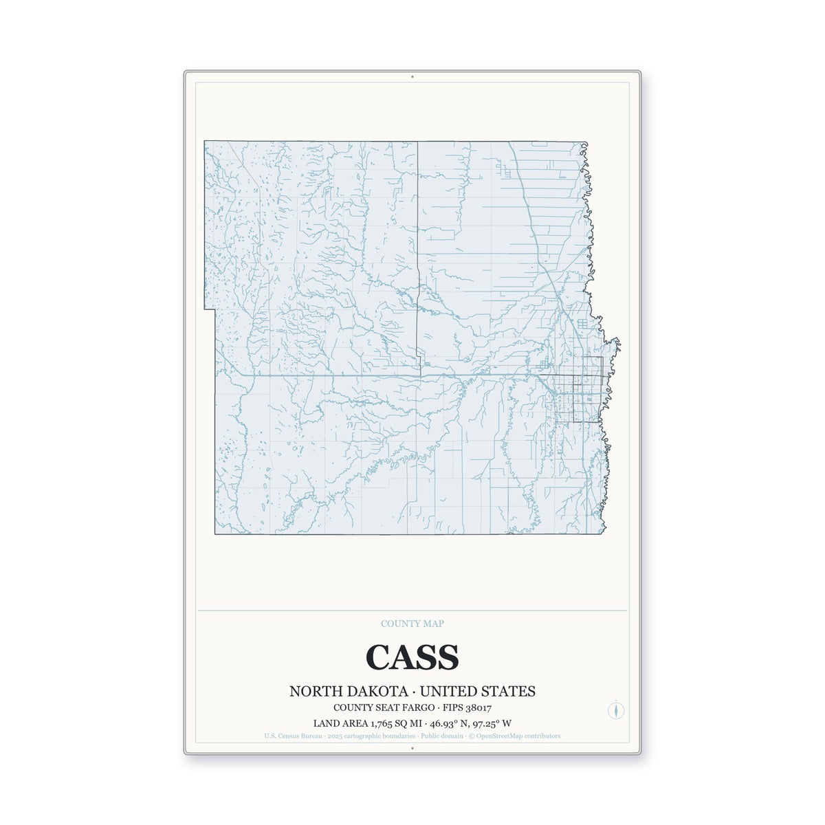 Cass County, North Dakota Map Aluminum Sign in Gallery Air style