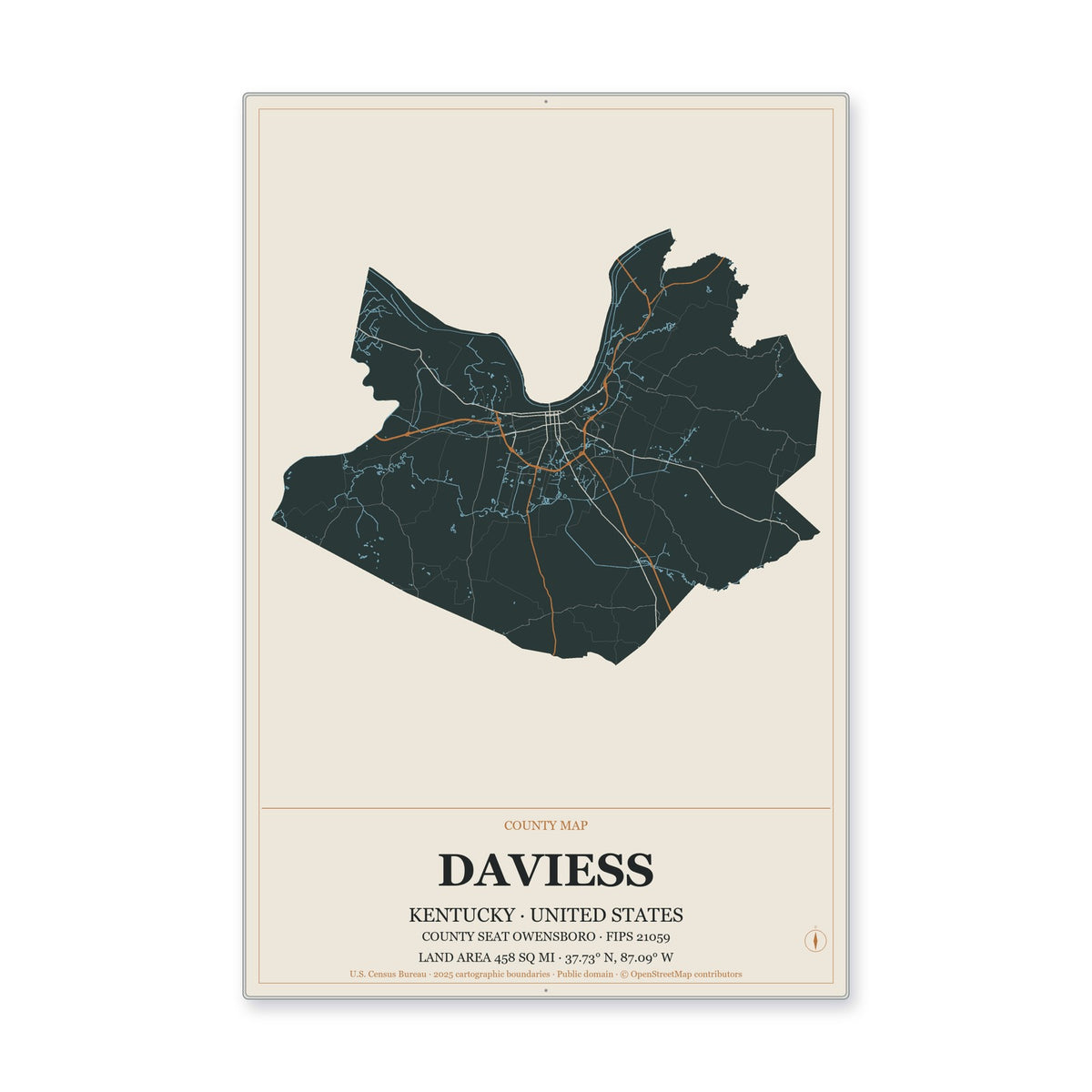 Daviess County, Kentucky Map Aluminum Sign in Headline Atlas style