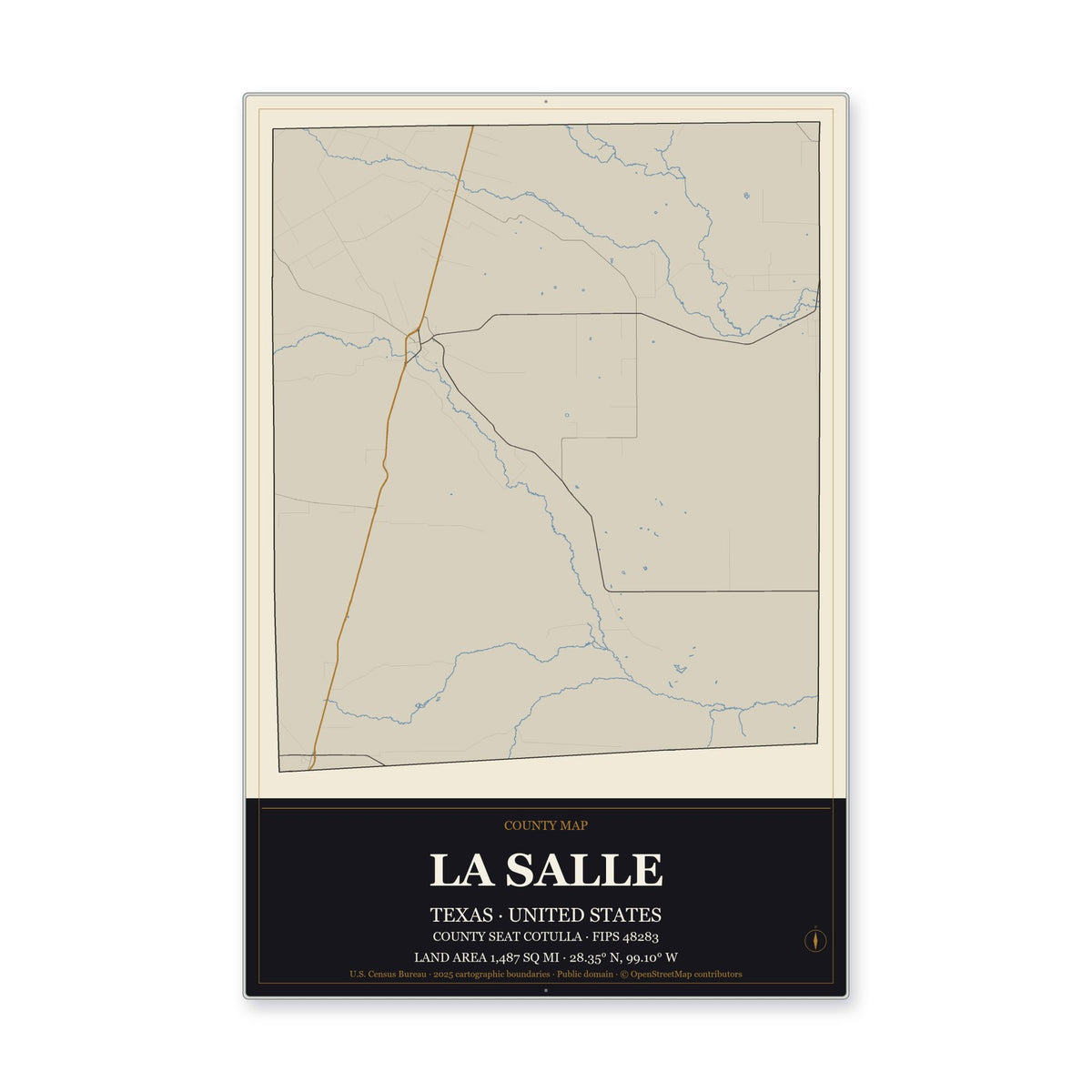 La Salle County, Texas Map Aluminum Sign in Museum Plaque style