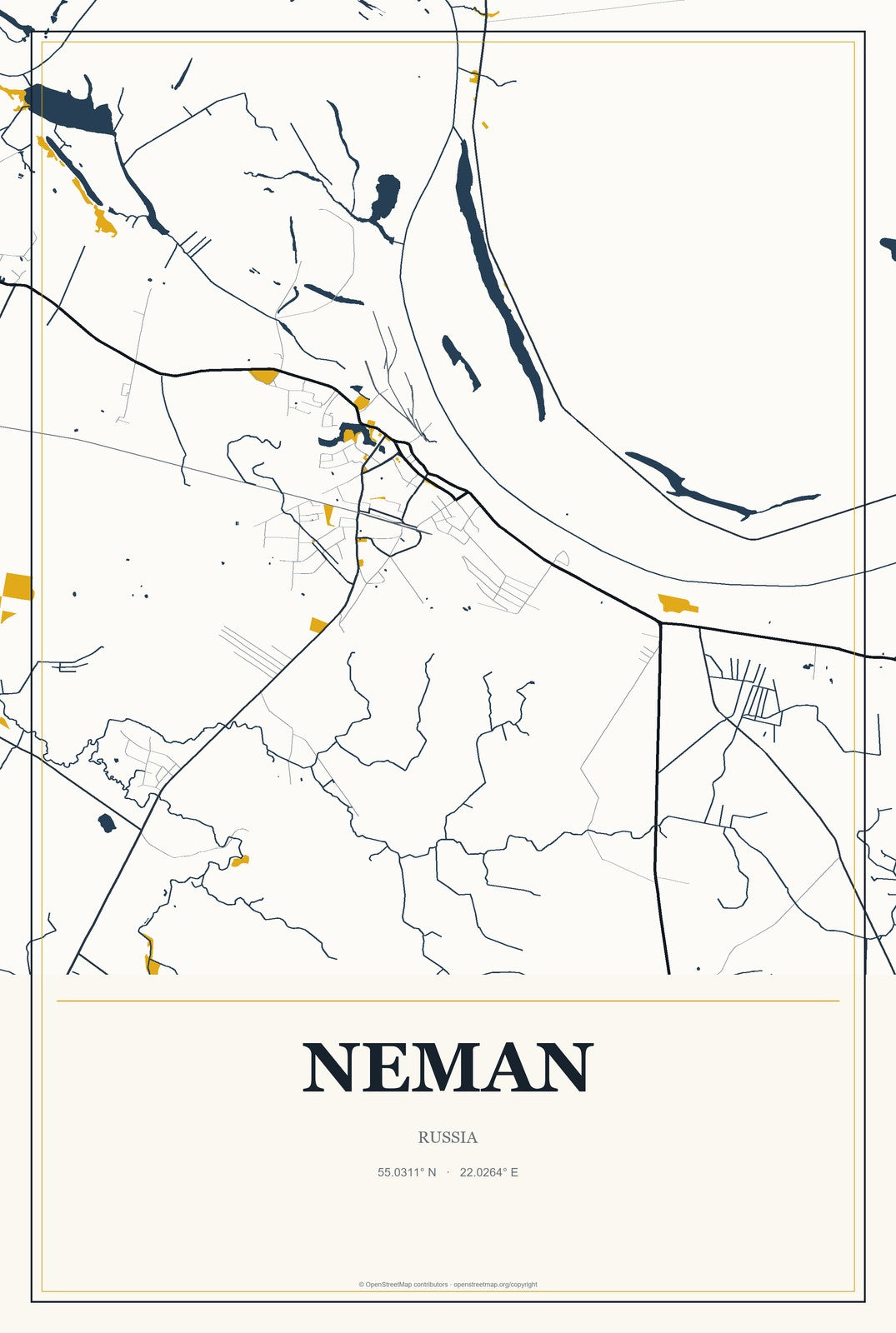 Neman, Russia City Map Aluminum Sign in Citrine Modern style