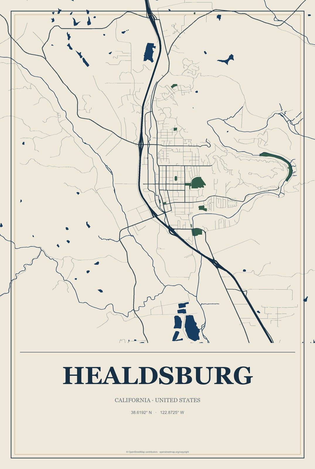Healdsburg, California City Map Aluminum Sign in Coastal Cutout style