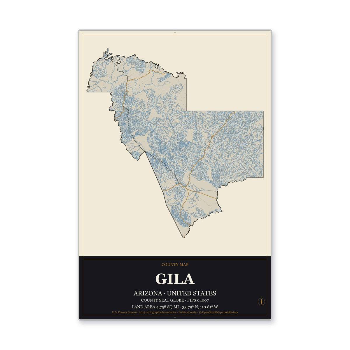 Gila County, Arizona Map Aluminum Sign in Museum Plaque style