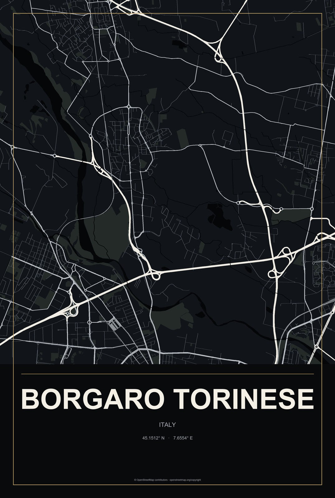 Borgaro Torinese, Italy City Map Aluminum Sign in Metropolitan Noir style