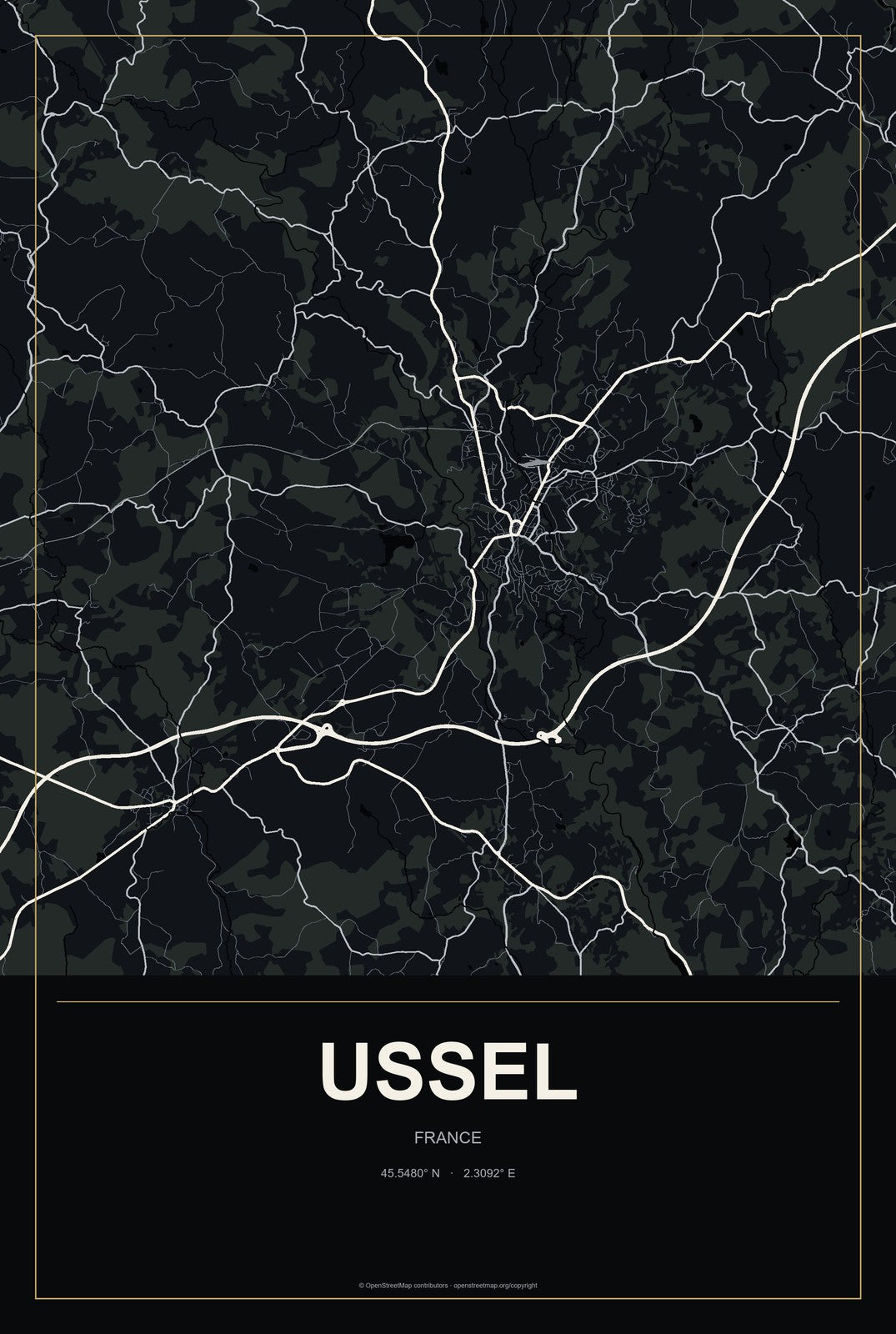 Ussel, France City Map Aluminum Sign in Metropolitan Noir style