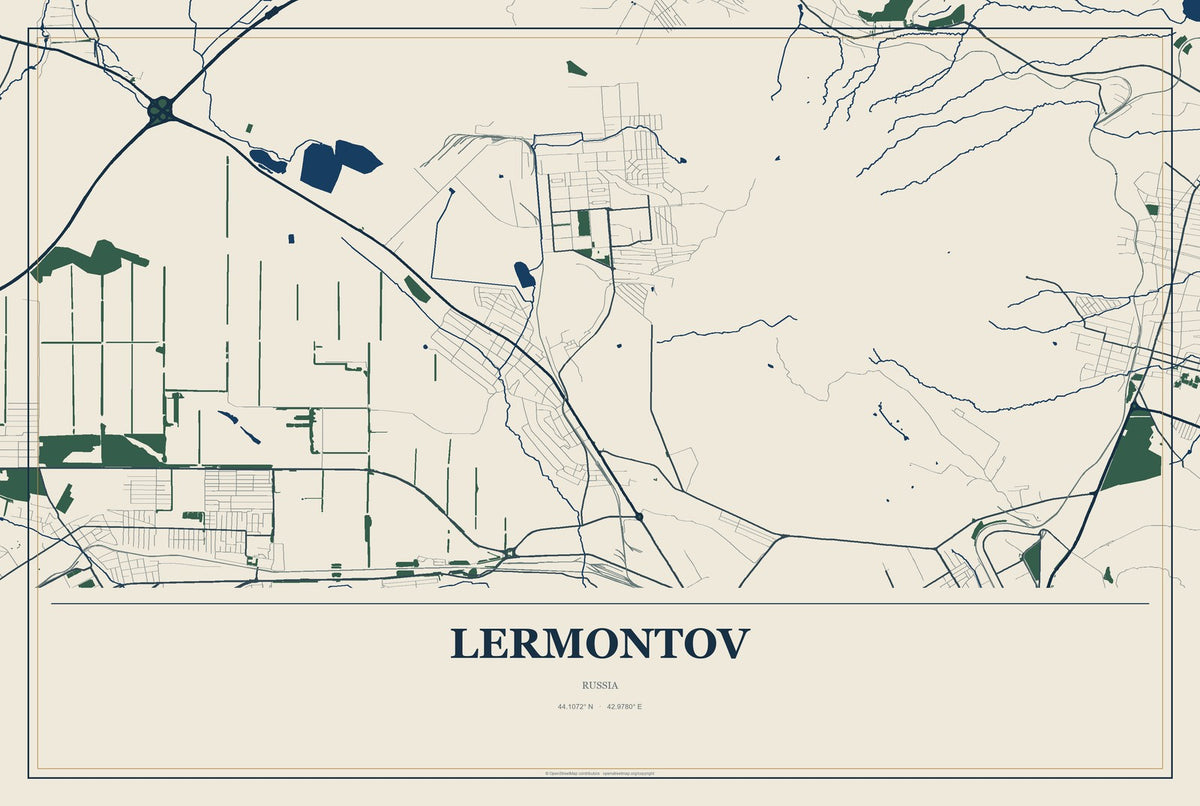 Lermontov, Russia City Map Aluminum Sign in Coastal Cutout style