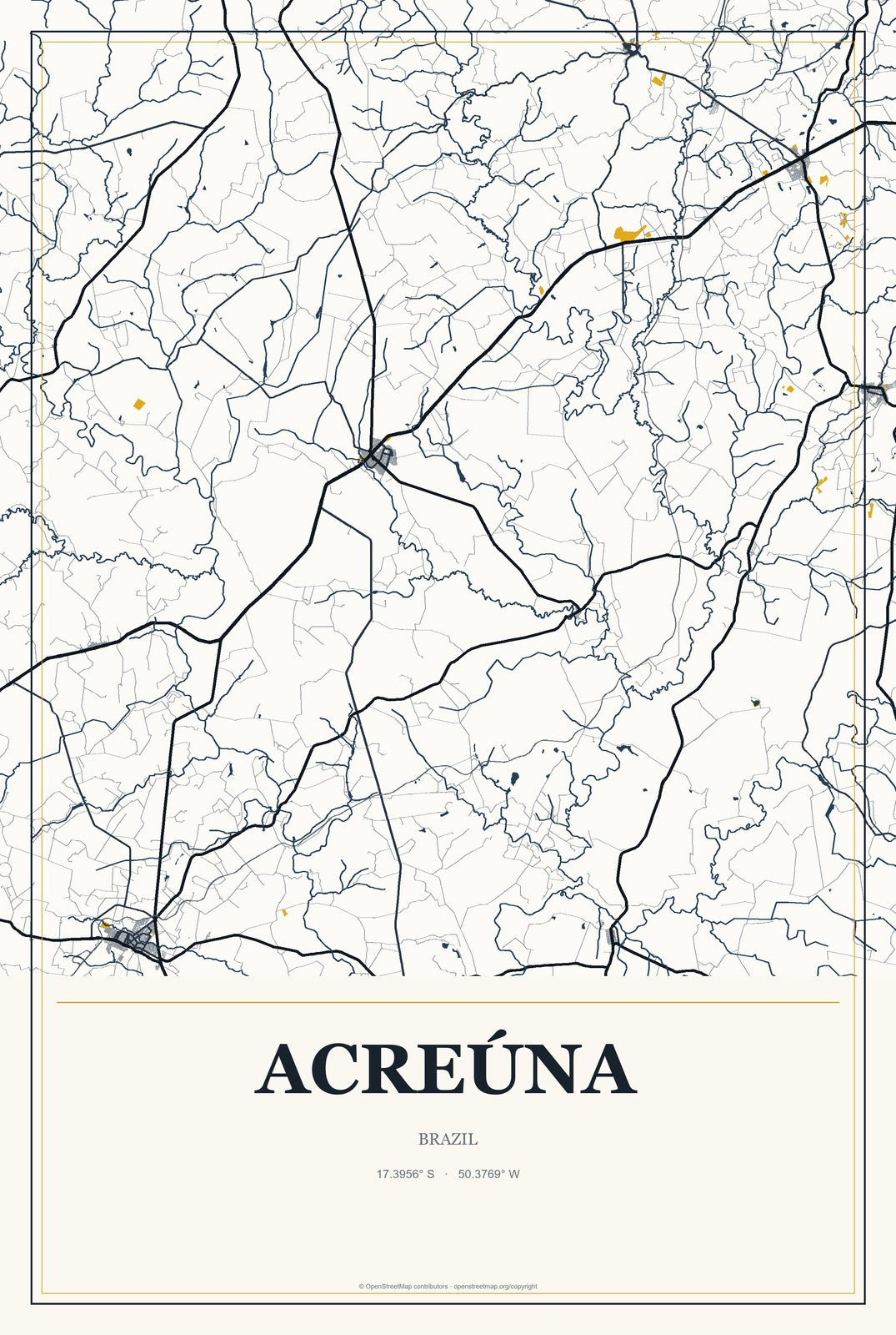 Acreúna, Brazil City Map Aluminum Sign in Citrine Modern style