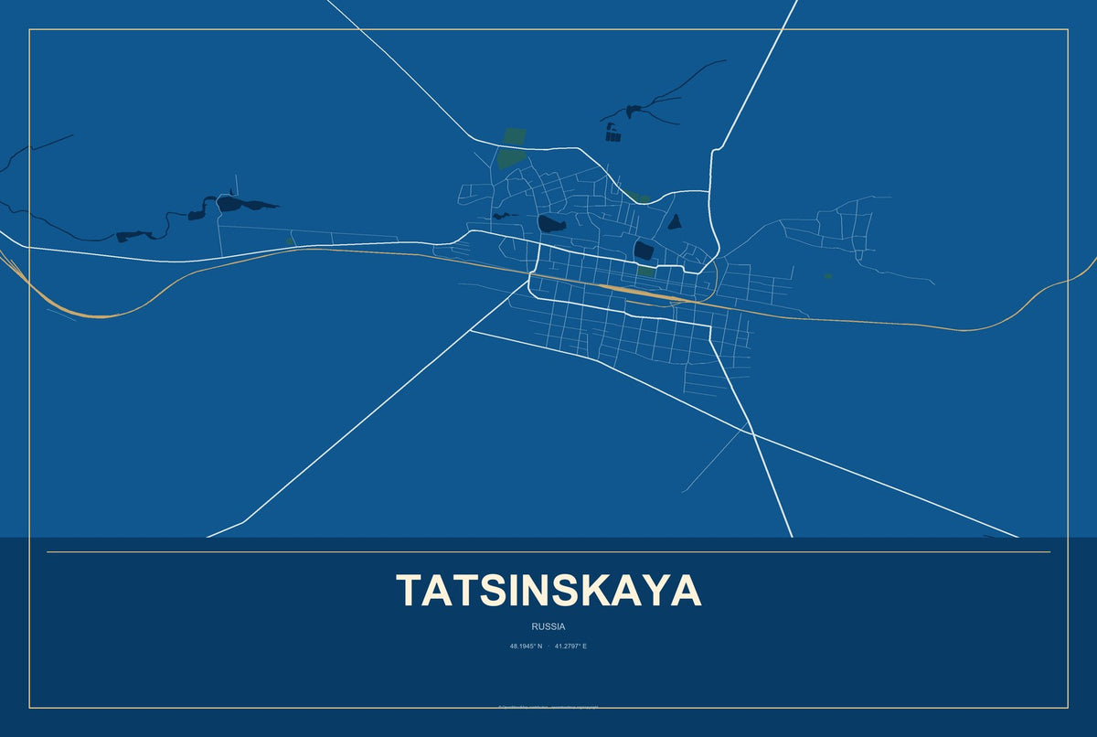 Tatsinskaya, Russia City Map Aluminum Sign in Harbor Cobalt style