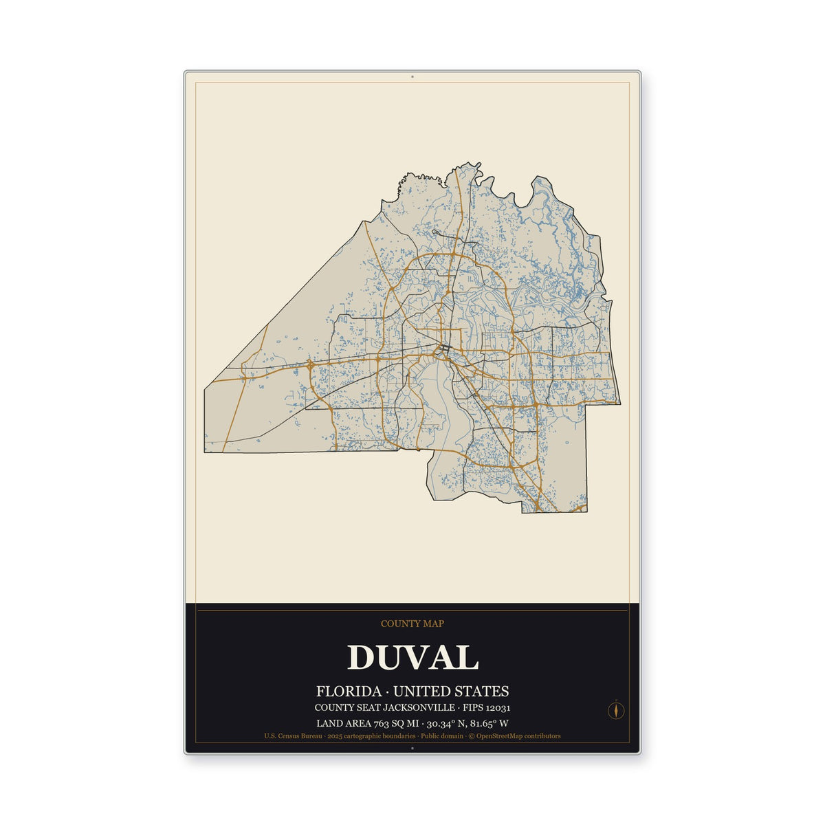 Duval County, Florida Map Aluminum Sign in Museum Plaque style