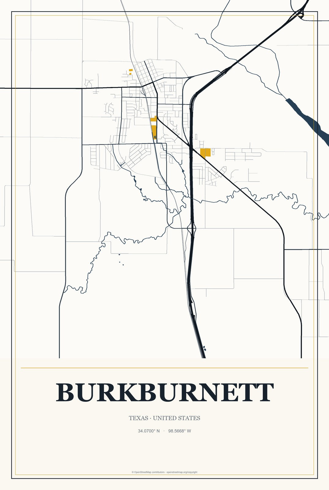 Burkburnett, Texas City Map Aluminum Sign in Citrine Modern style