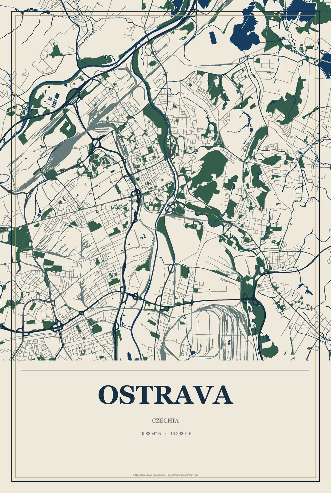 Ostrava, Czechia City Map Aluminum Sign in Coastal Cutout style