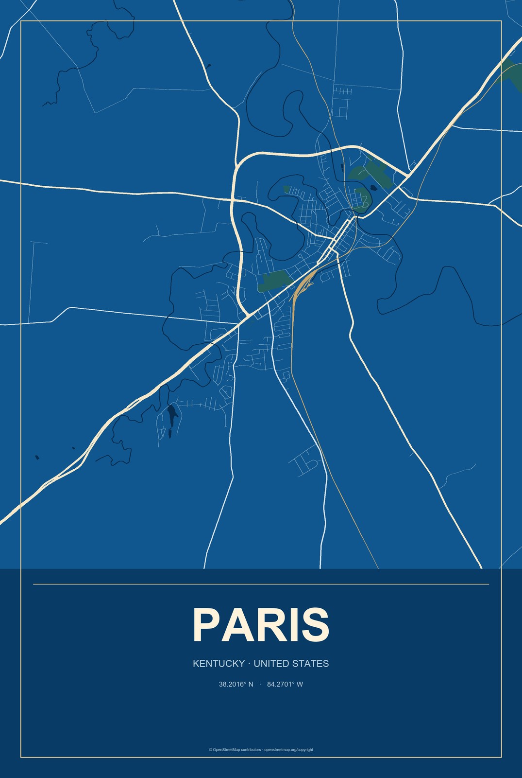 Paris, Kentucky City Map Aluminum Sign in Harbor Cobalt style