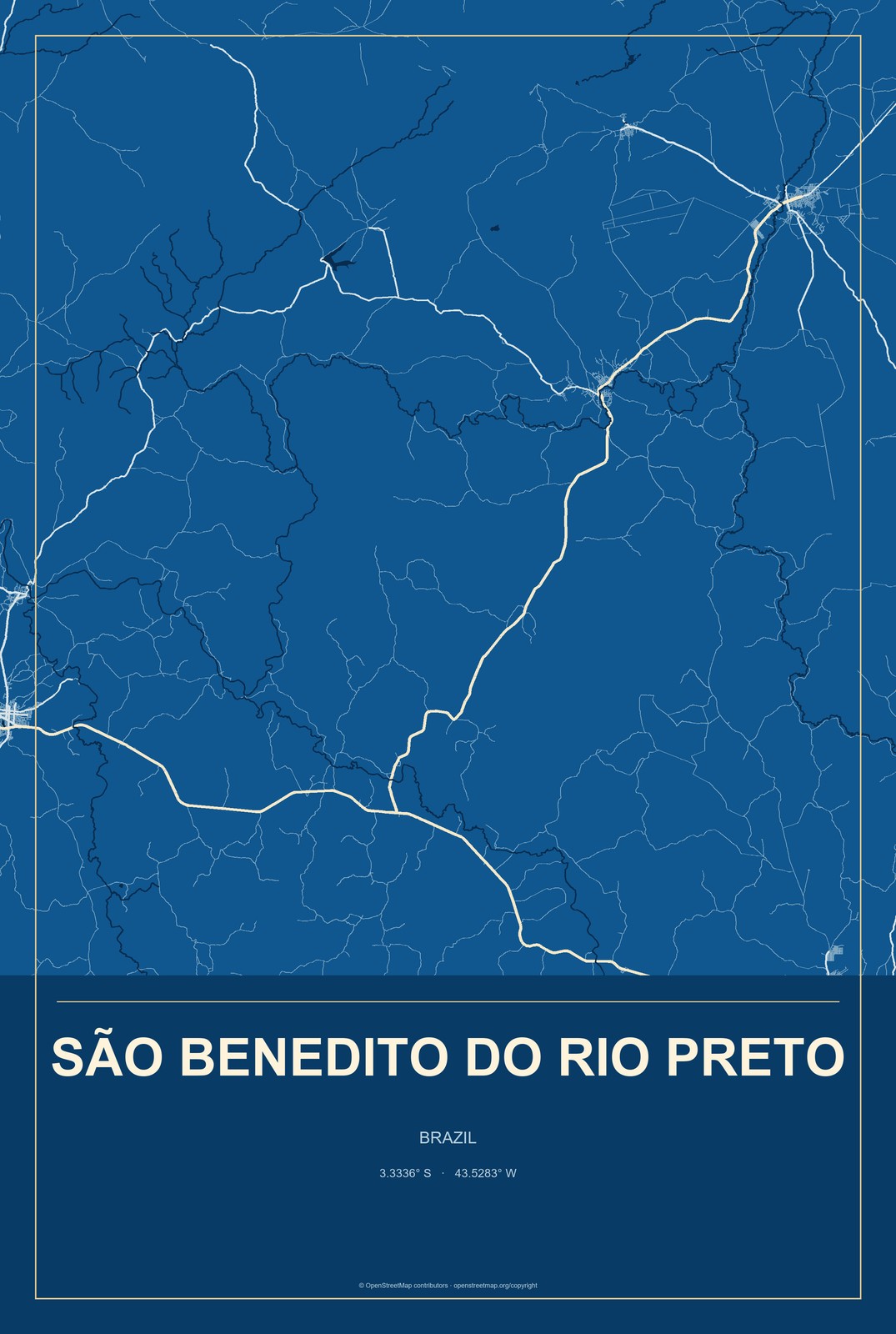 São Benedito do Rio Preto, Brazil City Map Aluminum Sign in Harbor Cobalt style