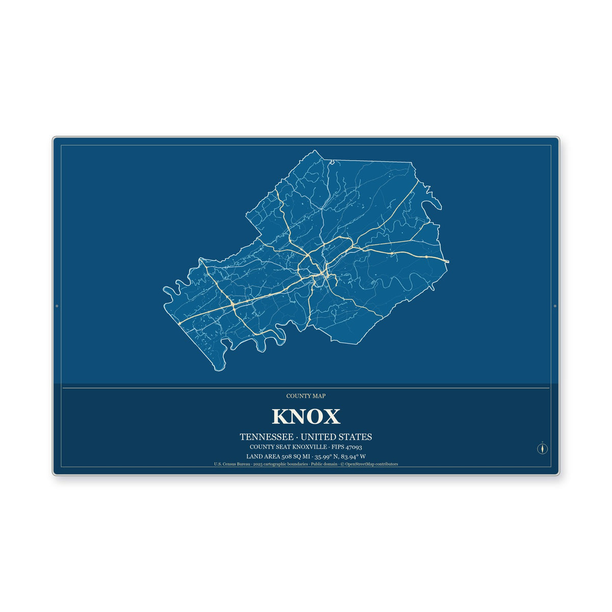 Knox County, Tennessee Map Aluminum Sign in Harbor Cobalt style