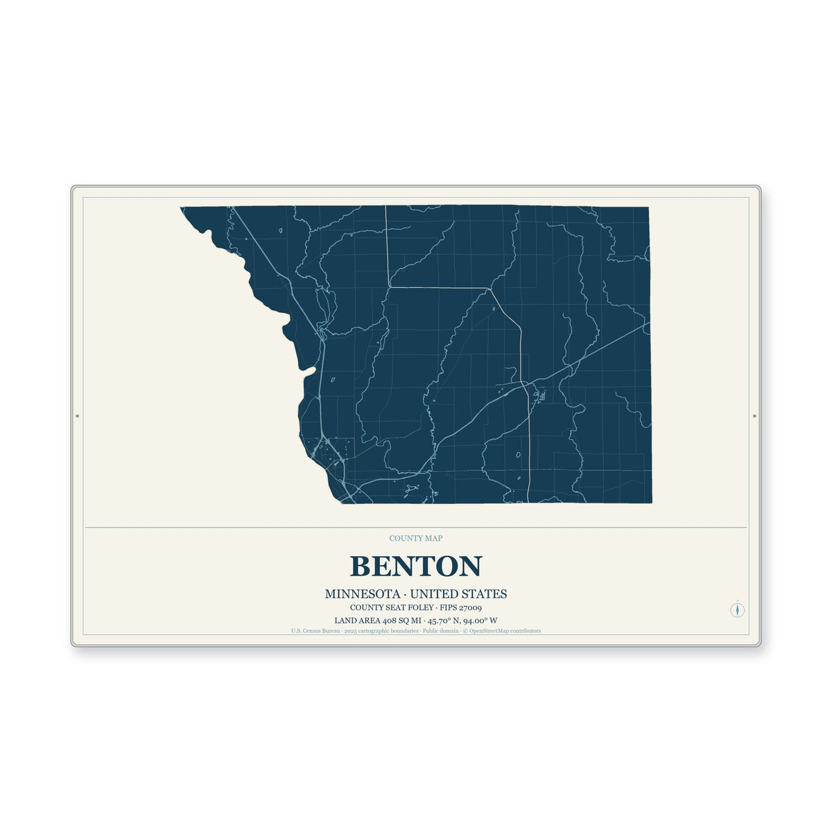 Benton County, Minnesota Map Aluminum Sign in Coastal Cutout style