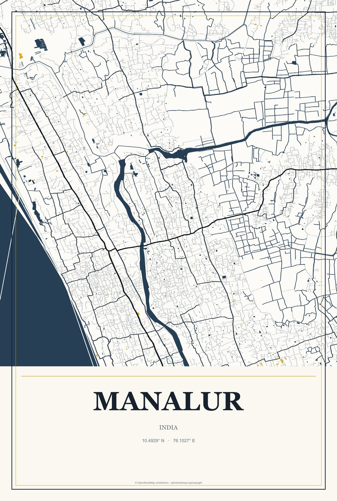 Manalur, India City Map Aluminum Sign in Citrine Modern style