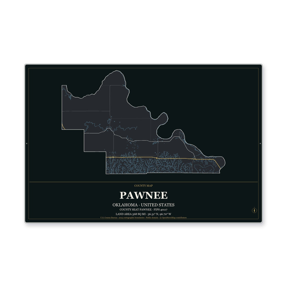 Pawnee County, Oklahoma Map Aluminum Sign in Metropolitan Noir style