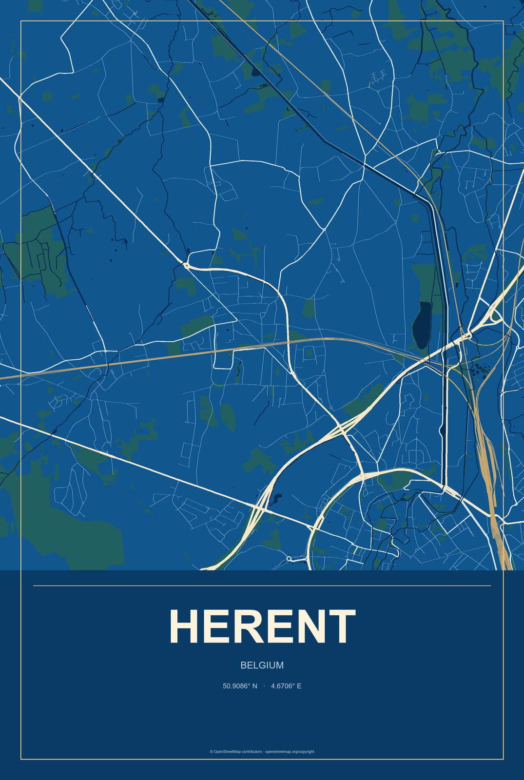 Herent, Belgium City Map Aluminum Sign in Harbor Cobalt style