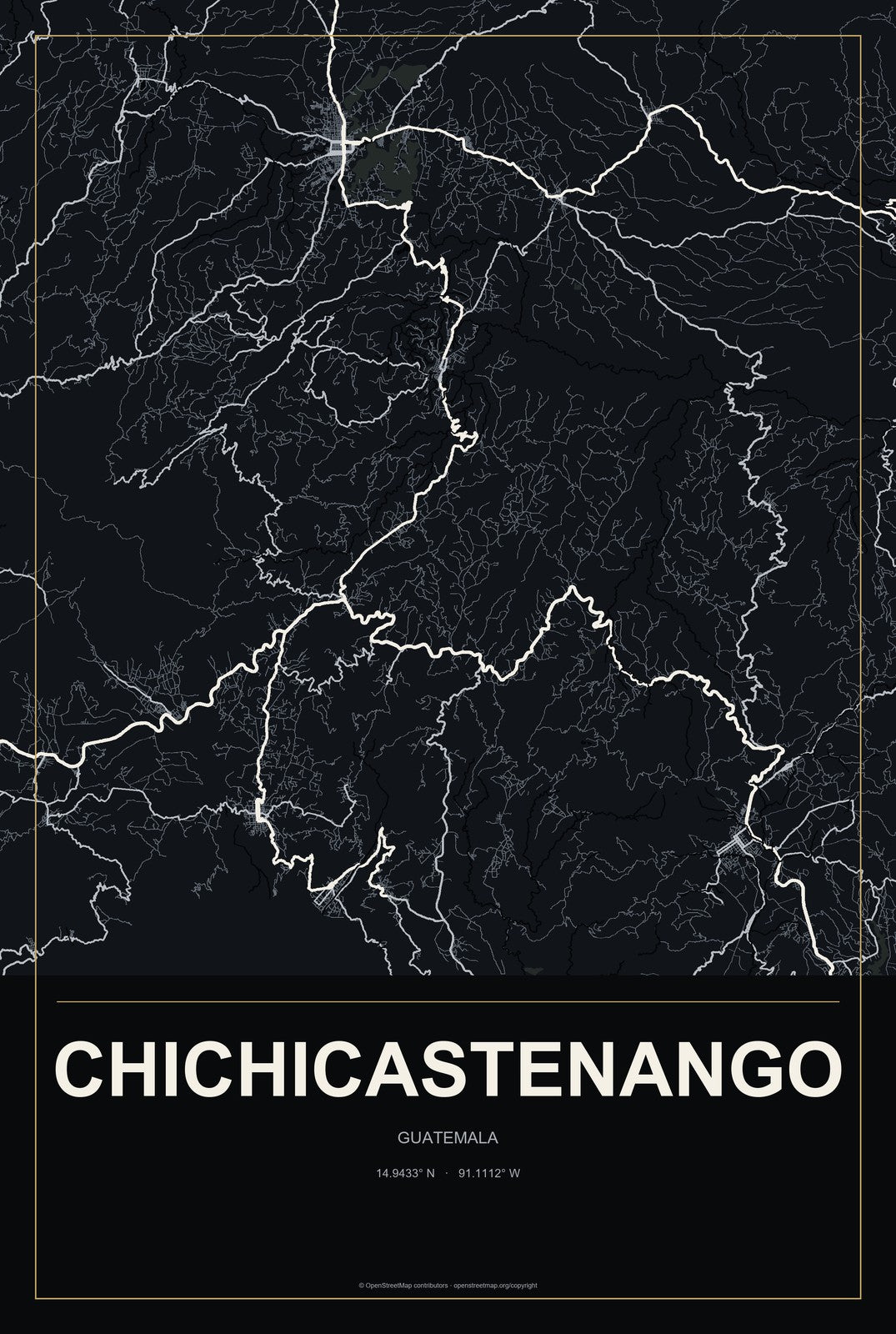Chichicastenango, Guatemala City Map Aluminum Sign in Metropolitan Noir style