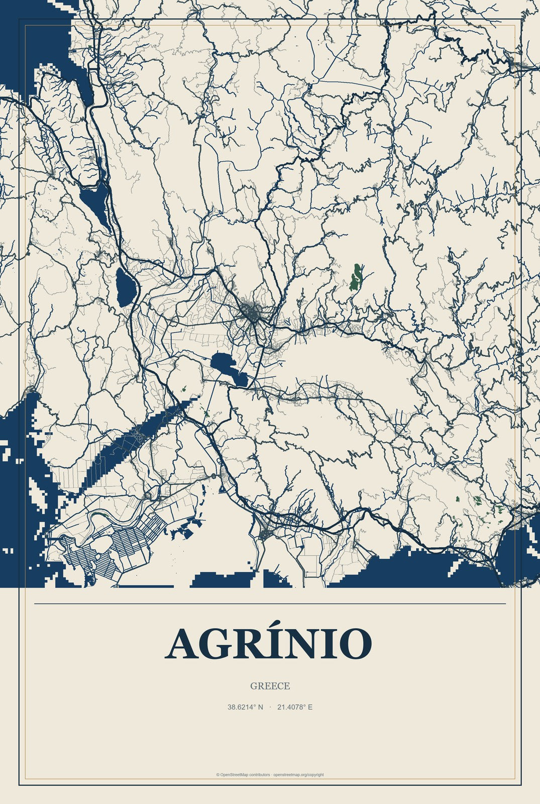 Agrínio, Greece City Map Aluminum Sign in Coastal Cutout style