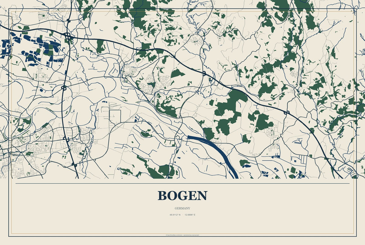 Bogen, Germany City Map Aluminum Sign in Coastal Cutout style