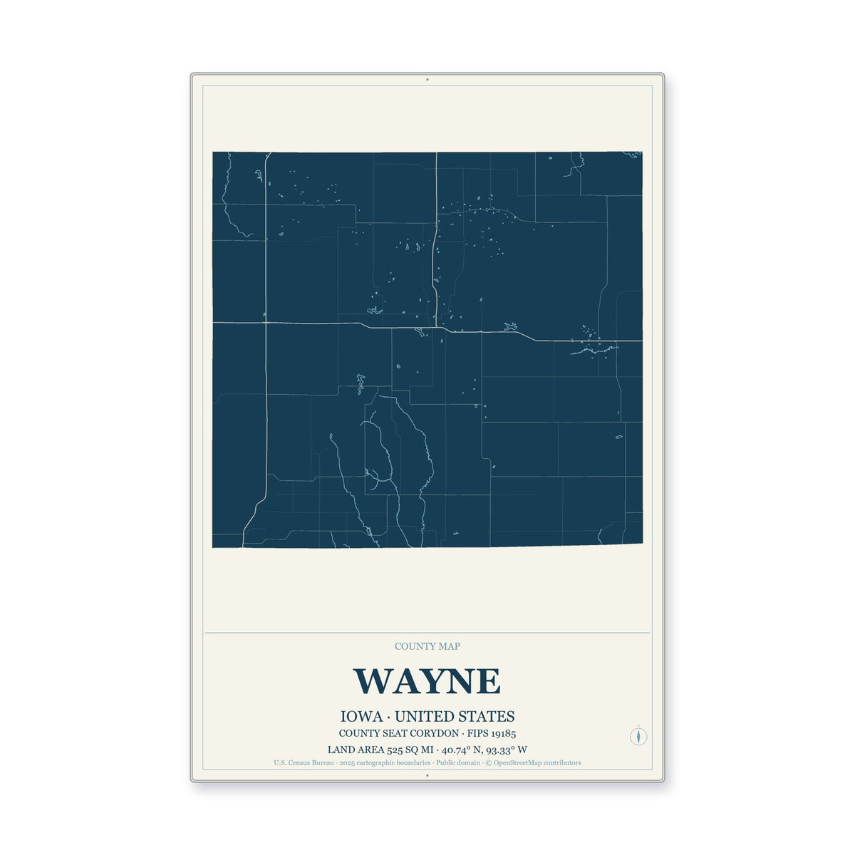 Wayne County, Iowa Map Aluminum Sign in Coastal Cutout style