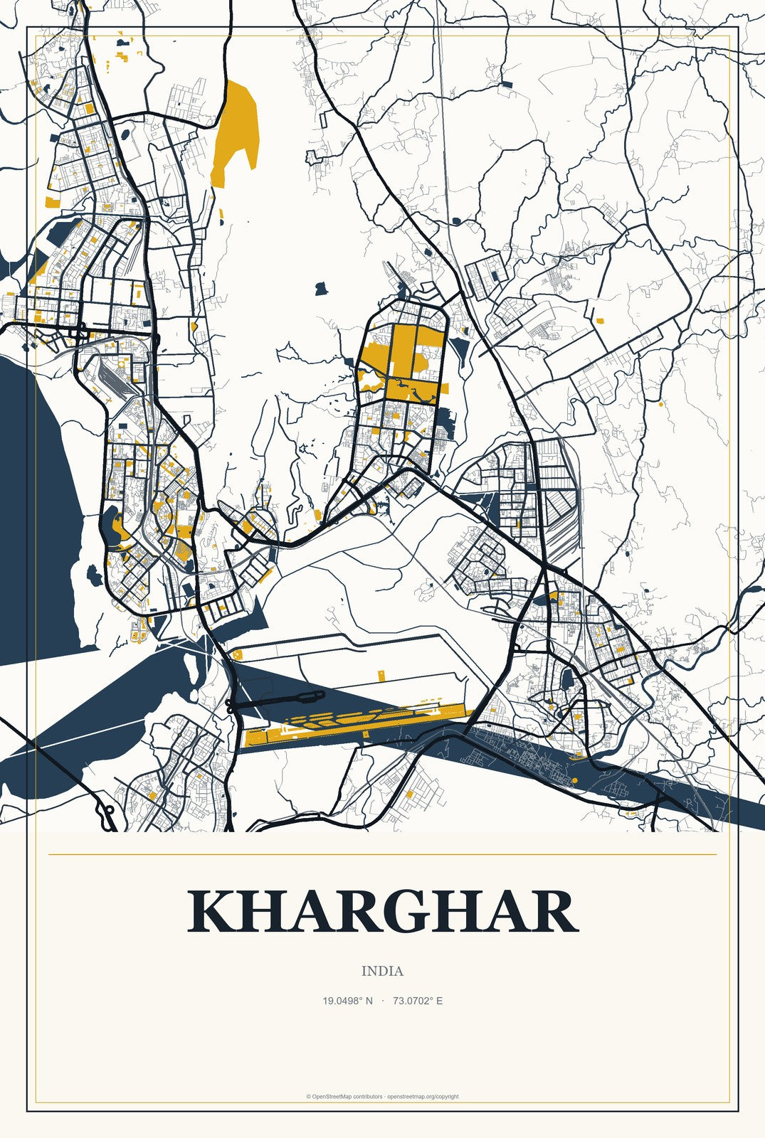 Kharghar, India City Map Aluminum Sign in Citrine Modern style