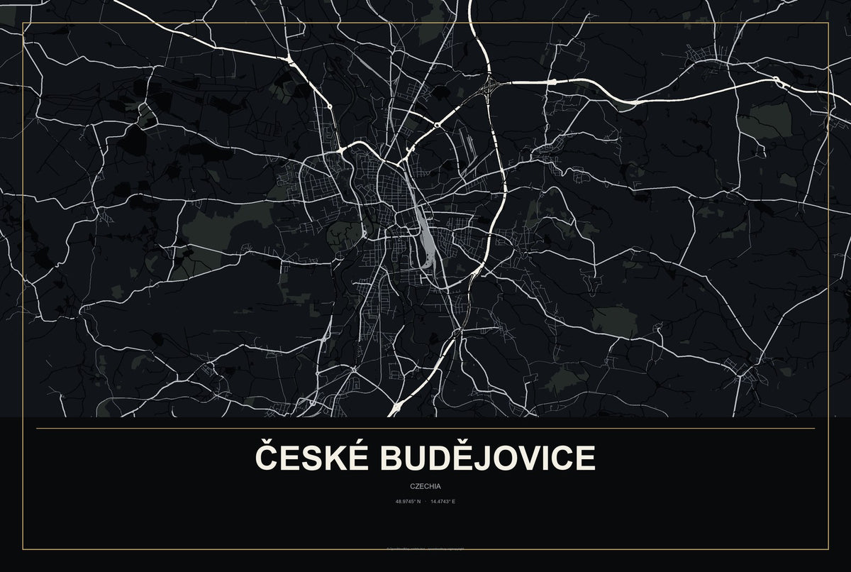 České Budějovice, Czechia City Map Aluminum Sign in Metropolitan Noir style