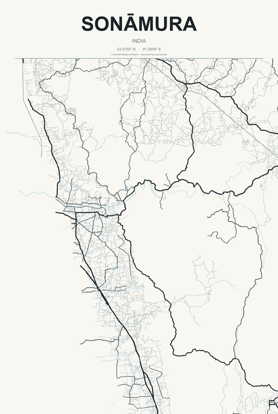 Sonāmura, India City Map Aluminum Sign in Headline Atlas style