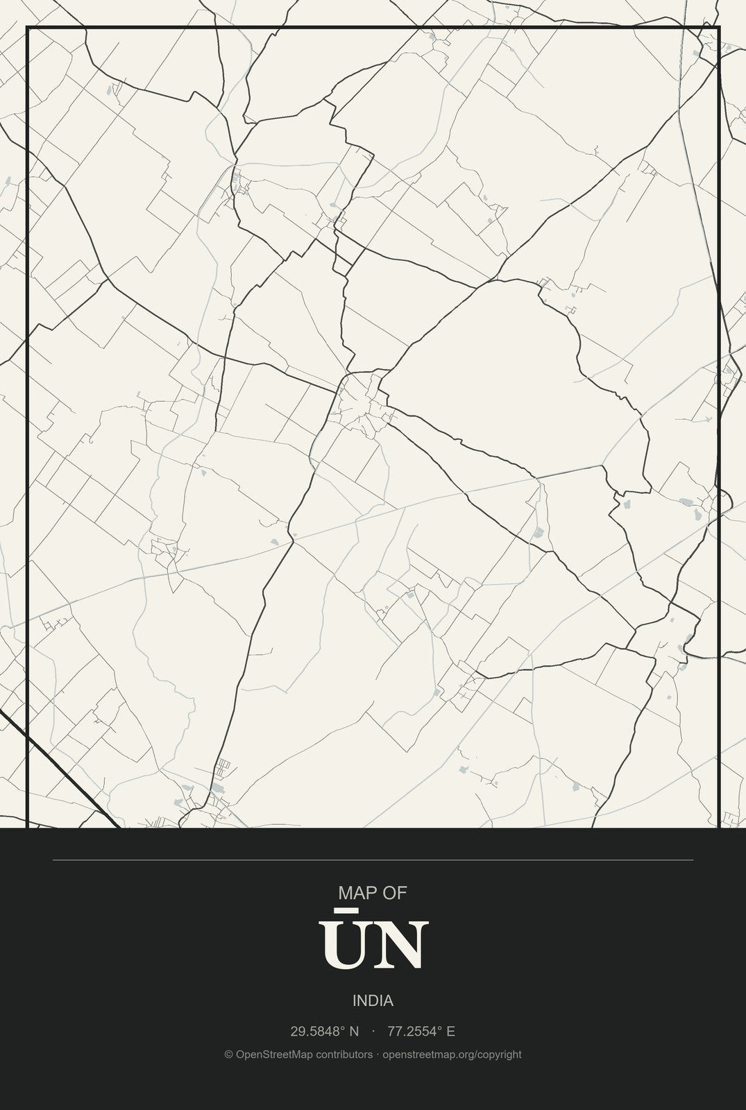 Ūn, India City Map Aluminum Sign in Museum Plaque style