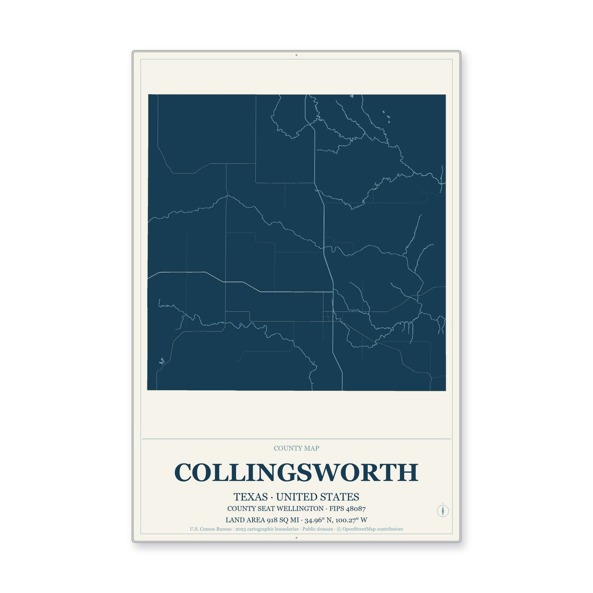 Collingsworth County, Texas Map Aluminum Sign in Coastal Cutout style