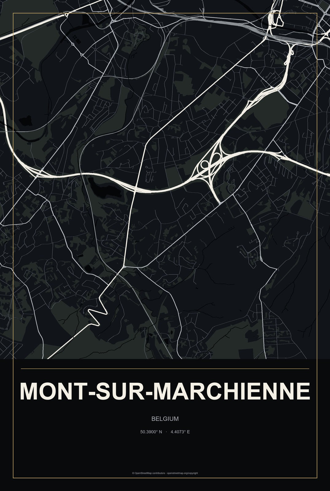 Mont-sur-Marchienne, Belgium City Map Aluminum Sign in Metropolitan Noir style