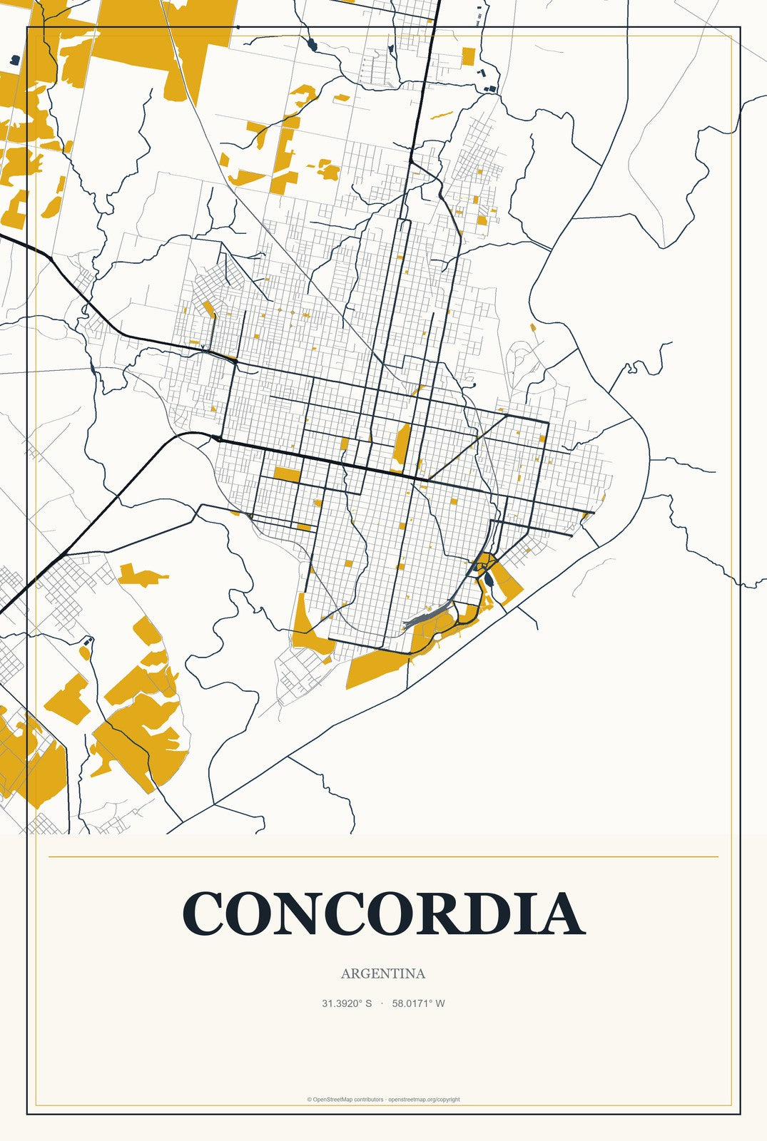 Concordia, Argentina City Map Aluminum Sign in Citrine Modern style