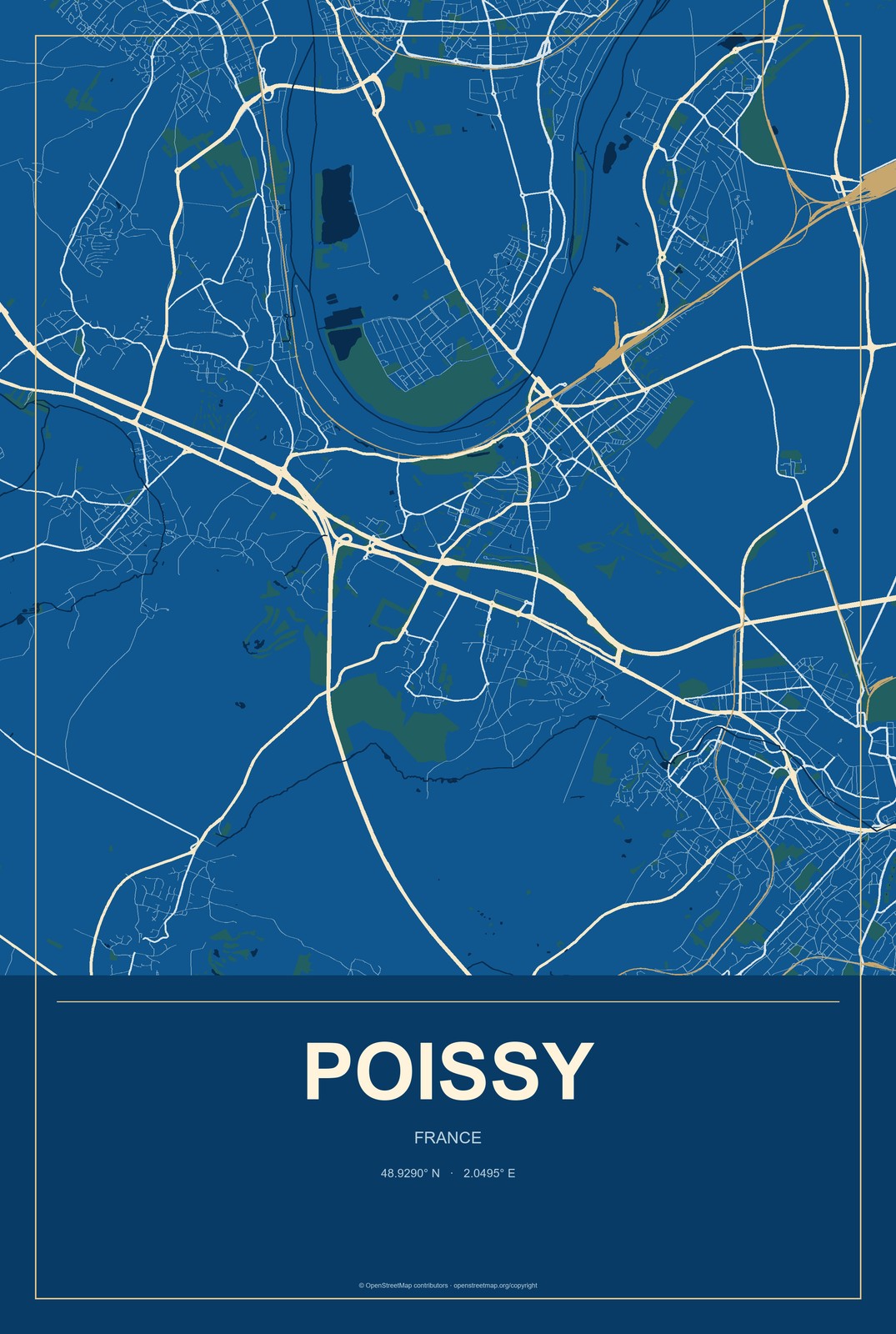 Poissy, France City Map Aluminum Sign in Harbor Cobalt style
