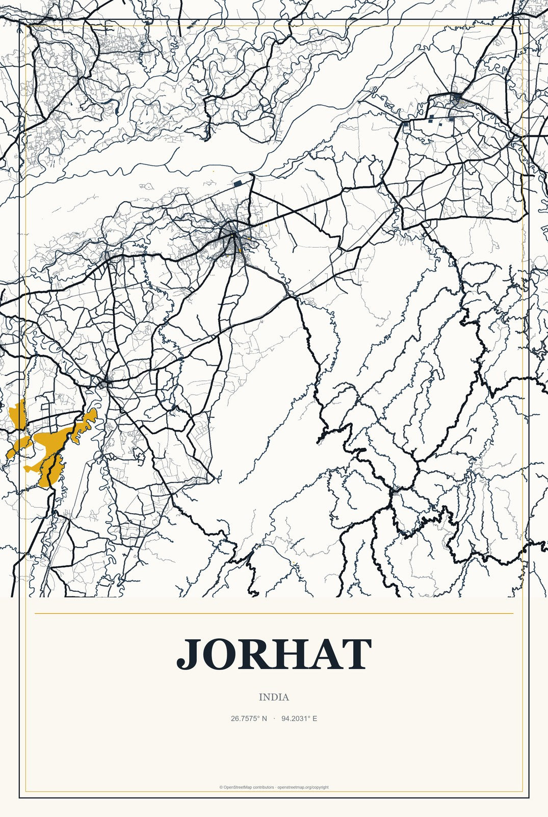 Jorhat, India City Map Aluminum Sign in Citrine Modern style