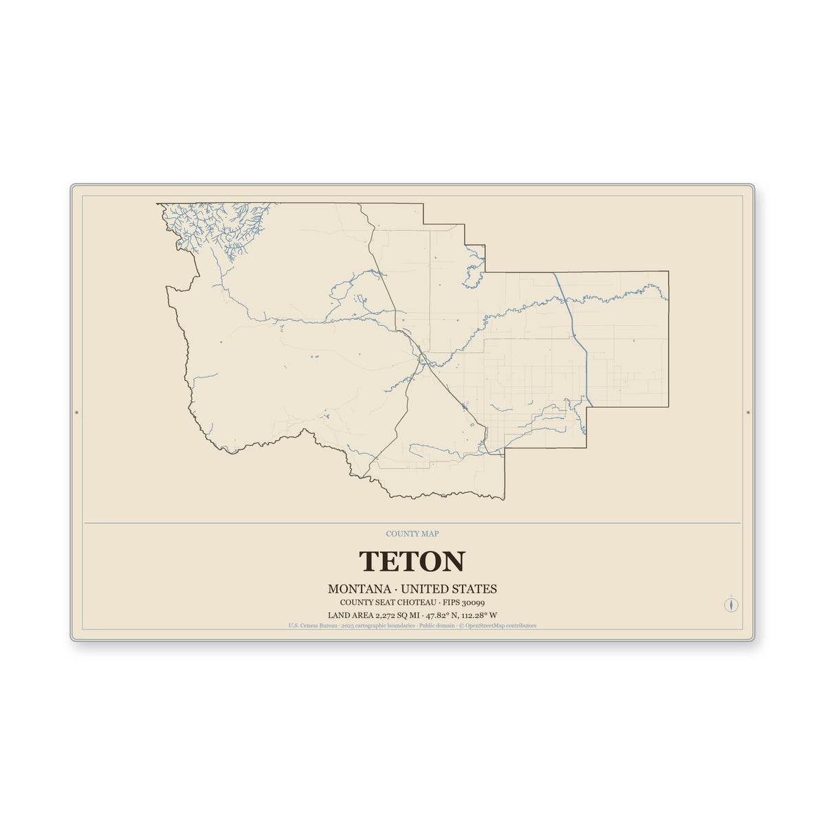 Teton County, Montana Map Aluminum Sign in Heritage Nautical style