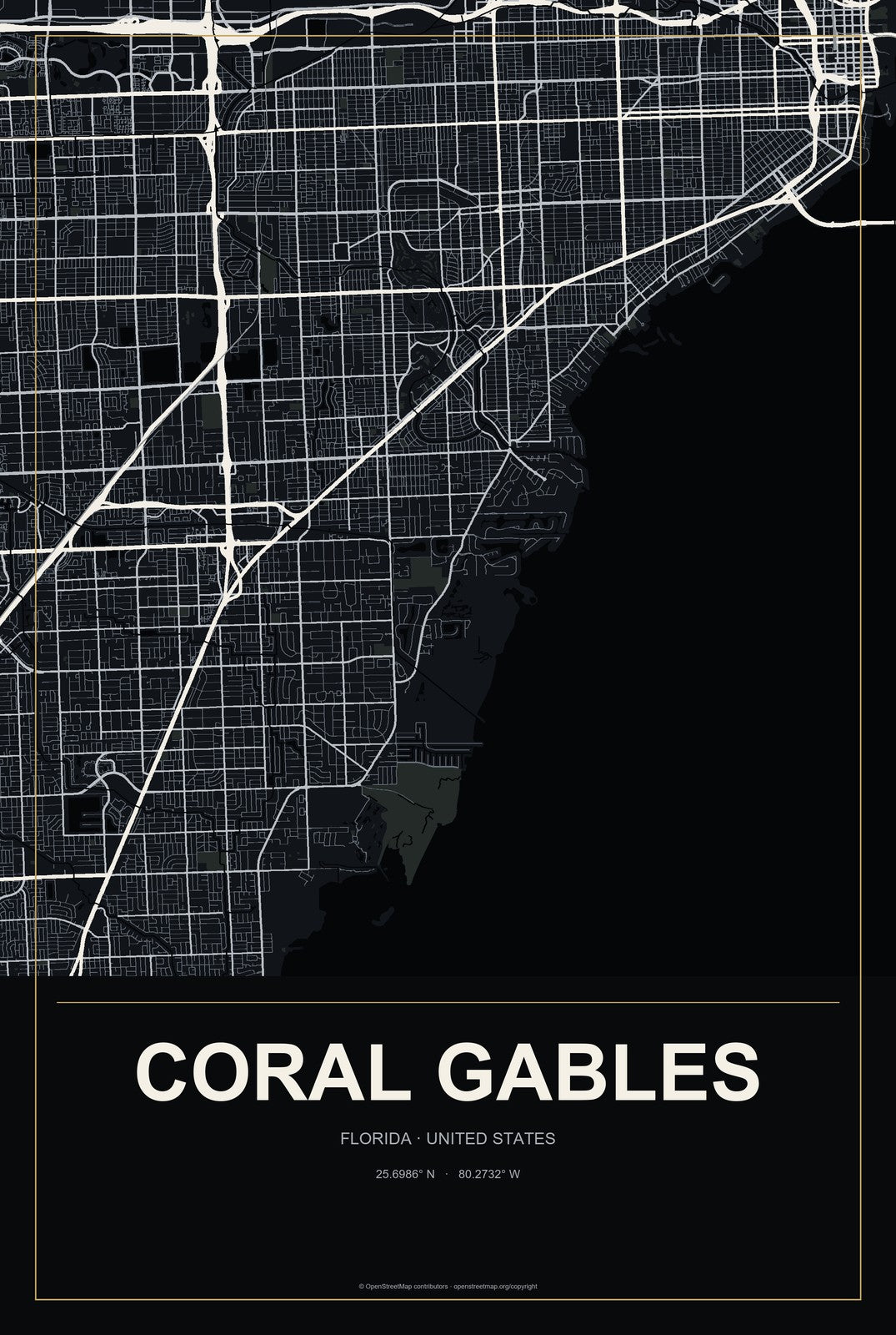 Coral Gables, Florida City Map Aluminum Sign in Metropolitan Noir style