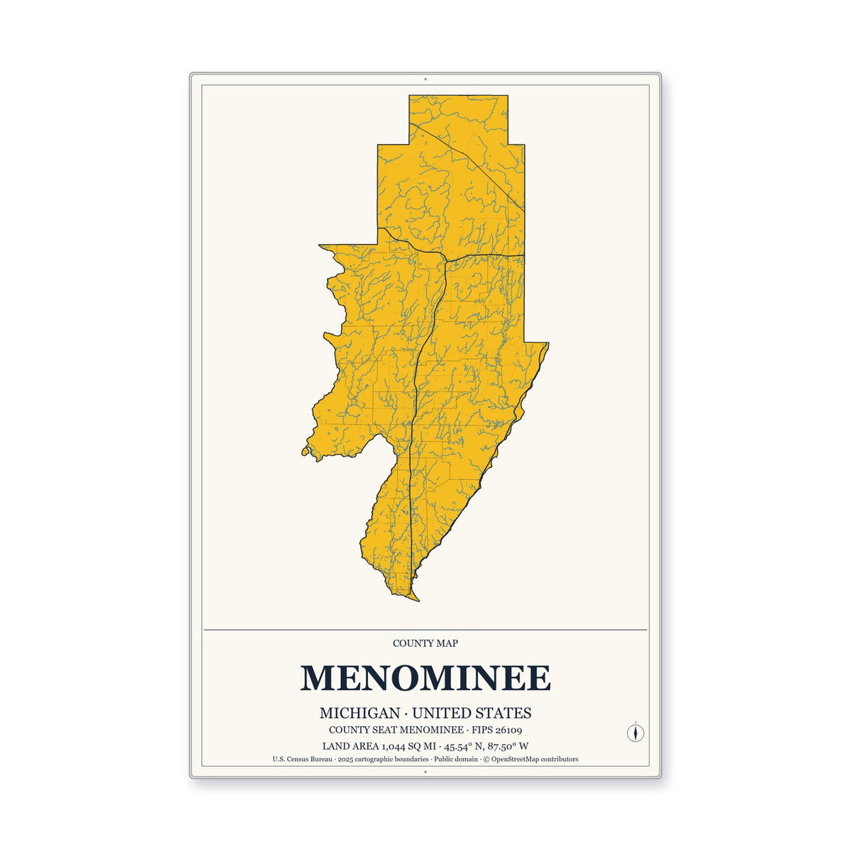 Menominee County, Michigan Map Aluminum Sign in Citrine Modern style