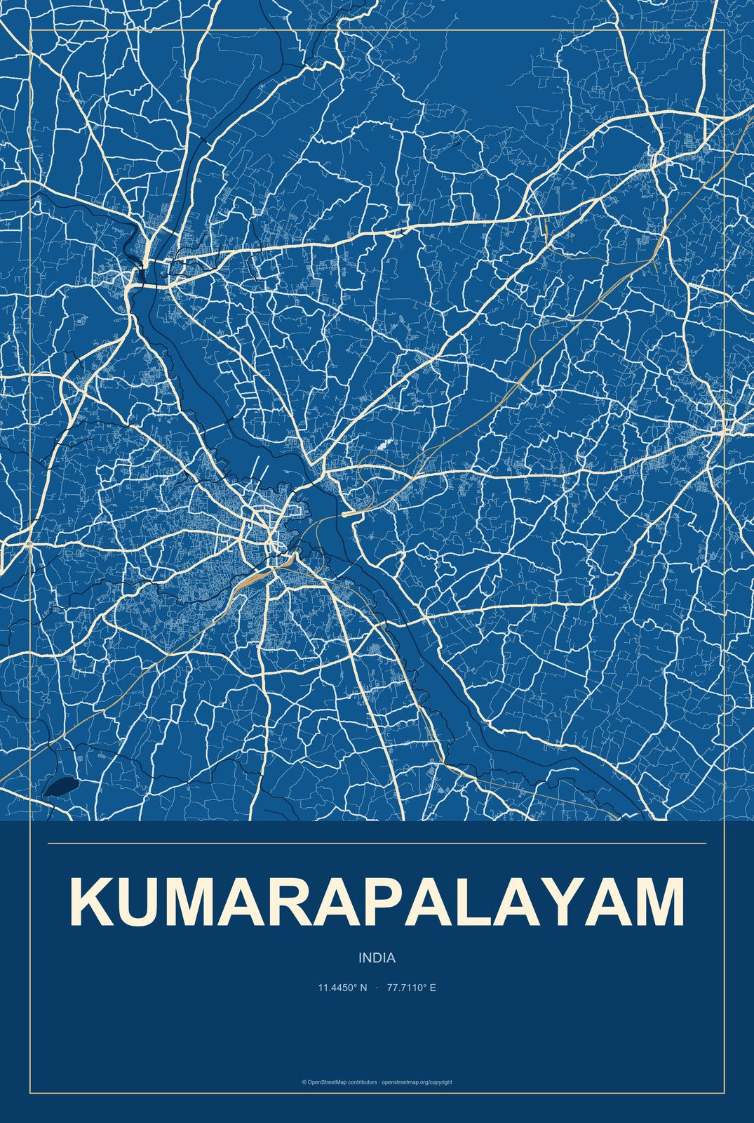 Kumarapalayam, India City Map Aluminum Sign in Harbor Cobalt style