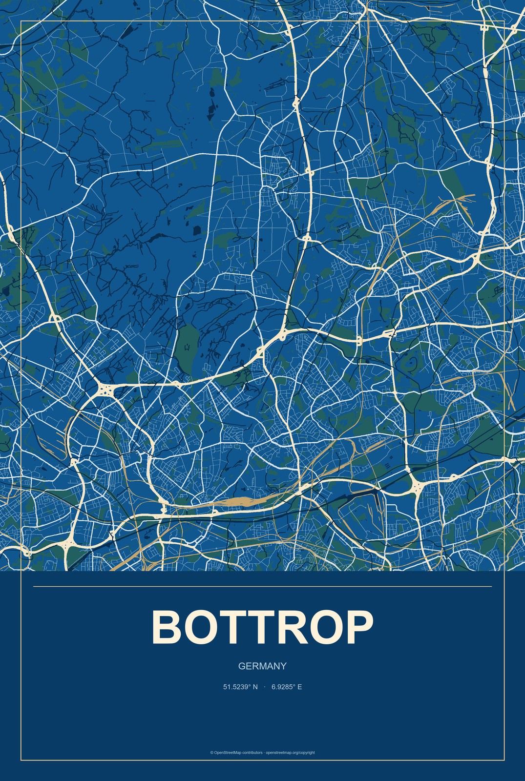 Bottrop, Germany City Map Aluminum Sign in Harbor Cobalt style