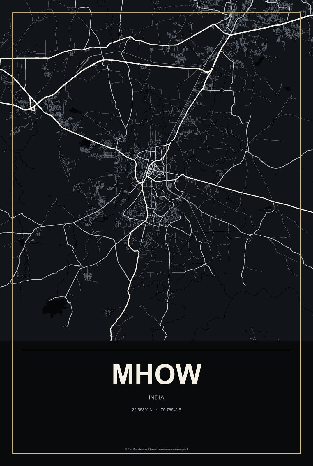 Mhow, India City Map Aluminum Sign in Metropolitan Noir style