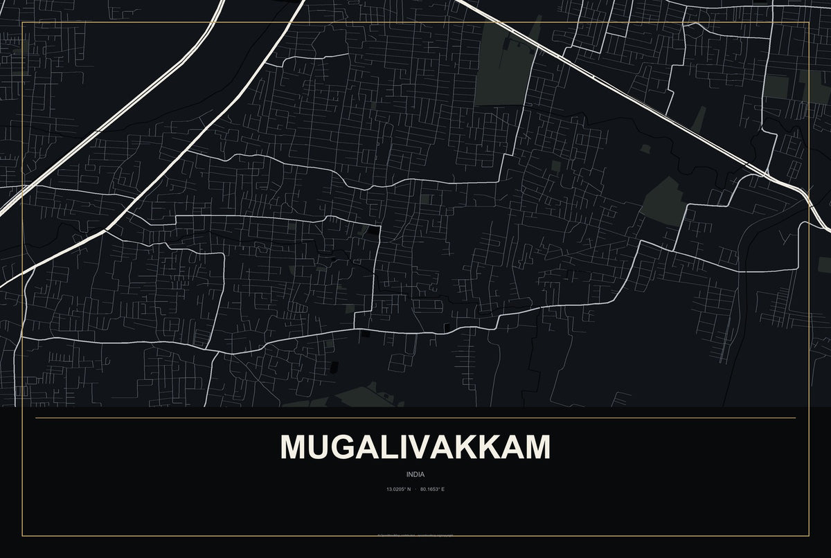 Mugalivakkam, India City Map Aluminum Sign in Metropolitan Noir style