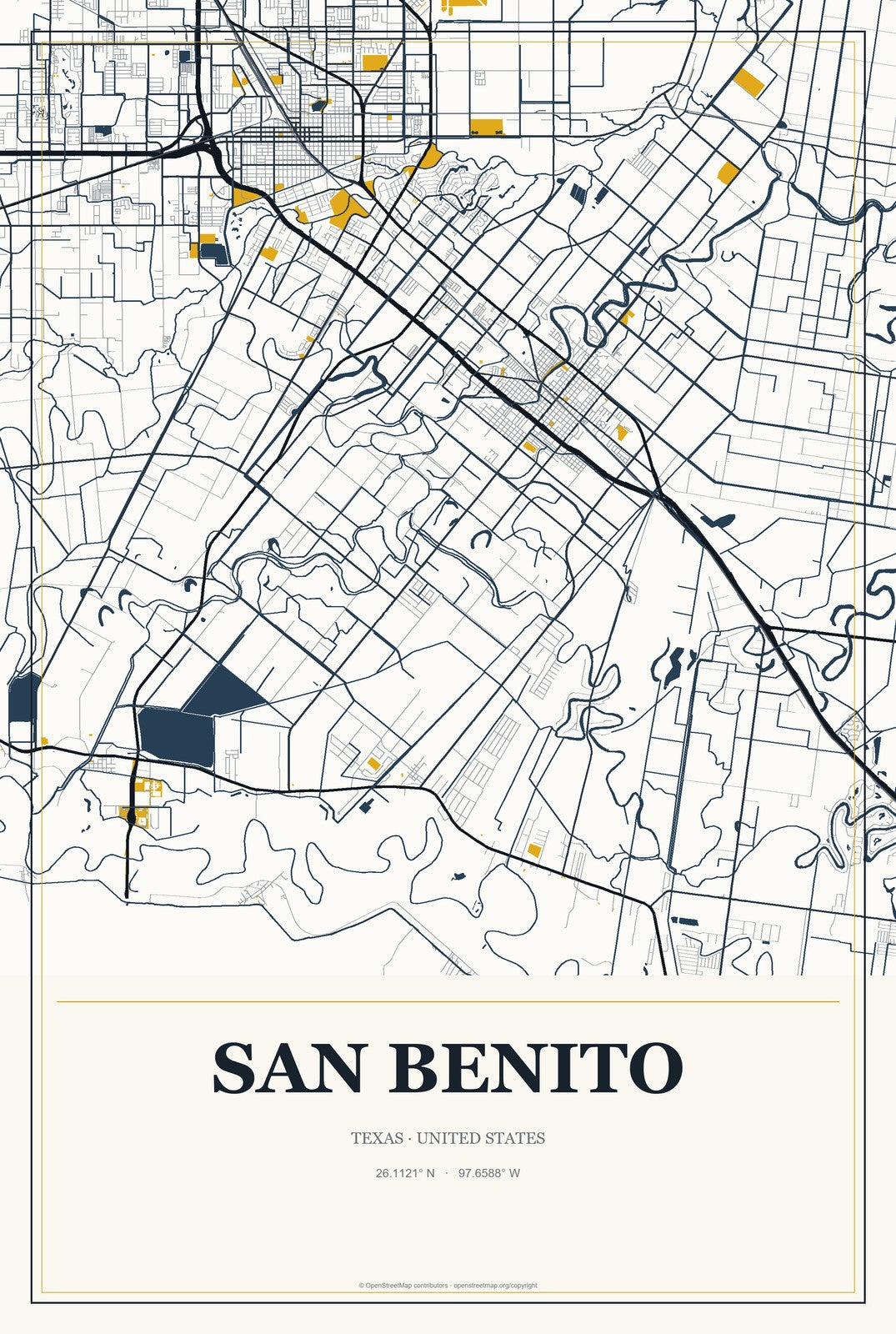 San Benito, Texas City Map Aluminum Sign in Citrine Modern style