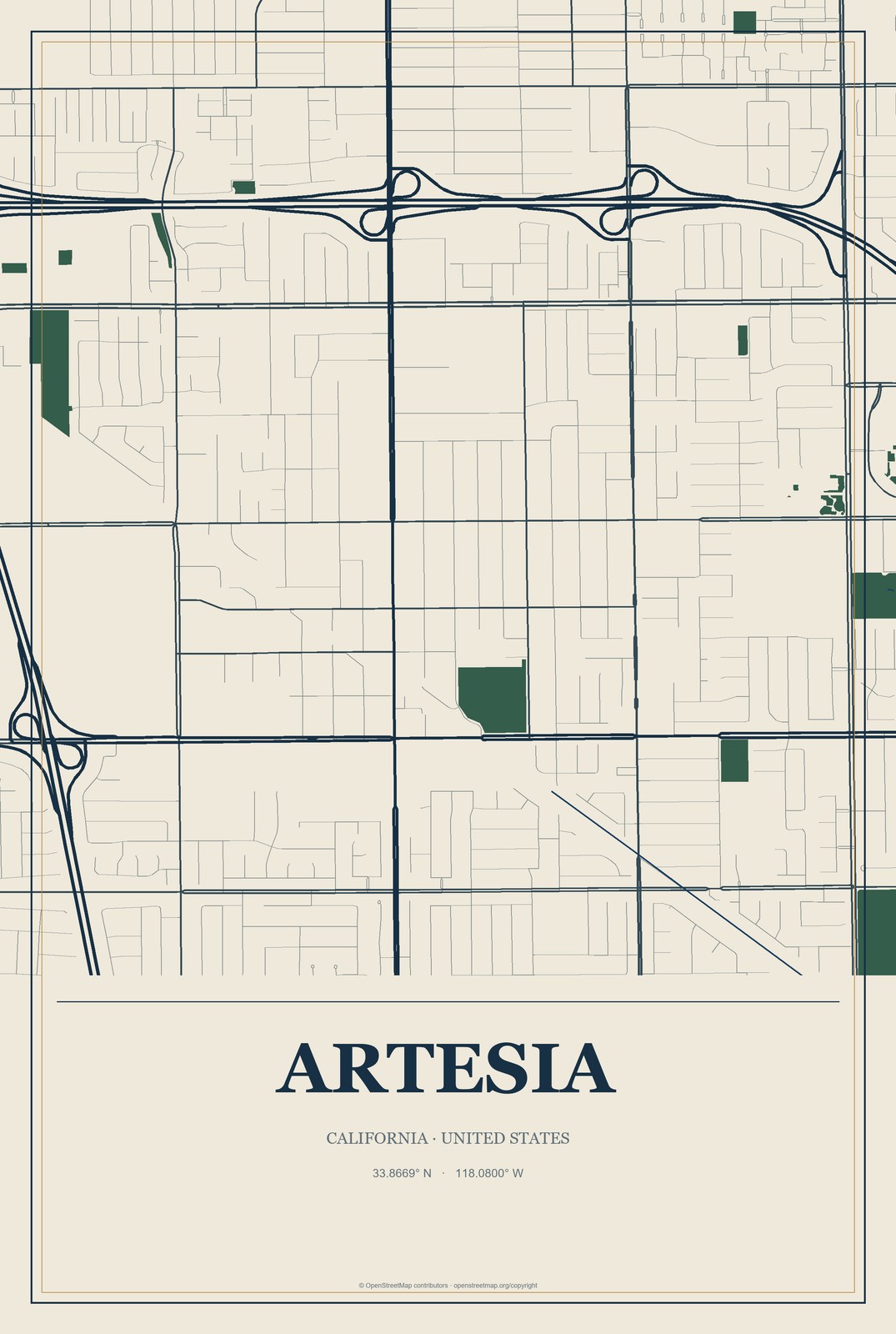 Artesia, California City Map Aluminum Sign in Coastal Cutout style