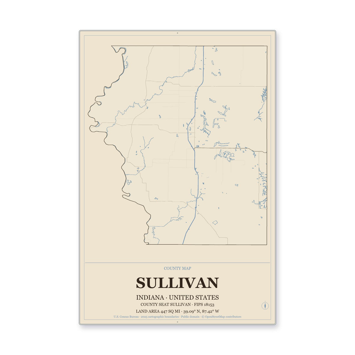 Sullivan County, Indiana Map Aluminum Sign in Heritage Nautical style